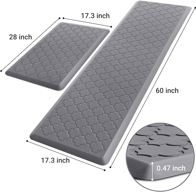Kitchen Mat [2 PCS] Cushioned Anti-Fatigue Floor Mat Water Resistant Non-Skid Kitchen Mats and Rugs Ergonomic Comfort Foam Kitchen Rugs Standing Mat for Floor Office Sink(Grey,17.3"x28"+17.3"x60")