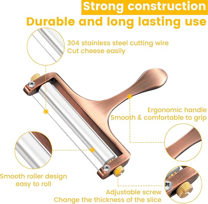 TOPULORS Cheese Slicer - Cheese Cutter - Stainless Steel Wire Cheese Slicer for Mozzarella, Cheddar, Gouda, And More Block Cheese - Heavy Duty Slicer With 1 Extra Replacement Cutting Wire