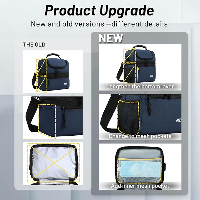 MIER Insulated Lunch Box Dual Compartment Lunch Bag Leakproof Cooler for Men Women Adult Work, Navy Blue, Medium (Upgraded Extra-Tall Bottom Layer)