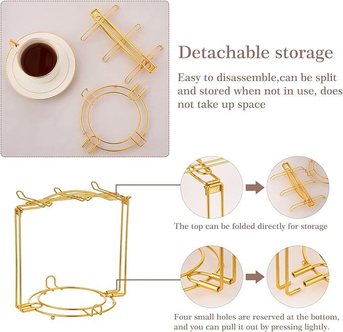 Teacups and Saucers Display Stand, Tea Cup Holder, Metal Foldable Storage Rack for Espresso and Cappuccino Cup - Gold