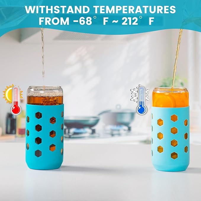 Mrsdry Glass Cups with Lids and Straws (4 Pcs), 20oz Drinking Glasses Set with Silicone Sleeves for Coffee Bar Accessories Iced Coffee Cups with Lids, Glass Tumbler Reusable for Gifts