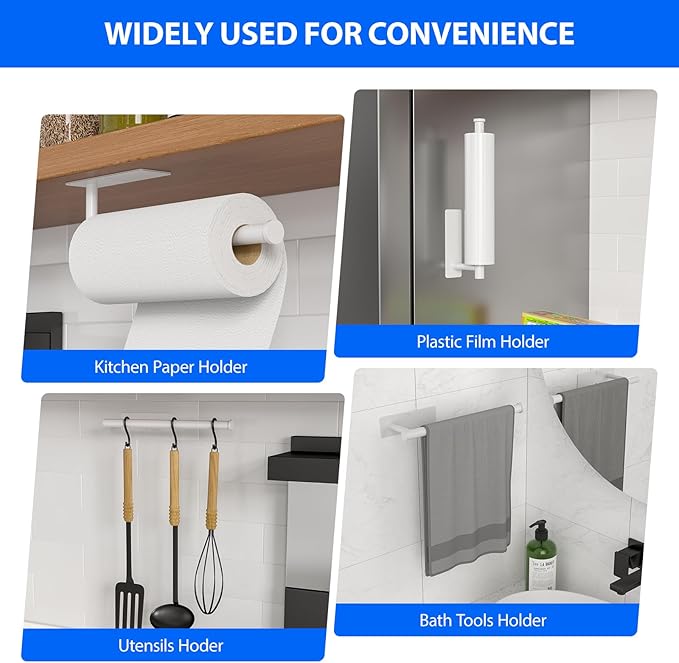 Paper Towel Holder Under Cabinet, Self-Adhesive,No Drilling, Stainless Steel, Wall-Mounted for Kitchen and Bathroom, Easy Install, Durable, Space-Saving, Ideal for Home, RV (White, 2 Pack)