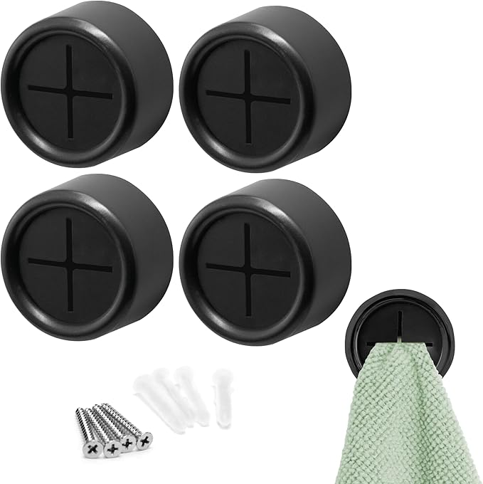 S&T INC. Round Adhesive Push Towel Hooks for Kitchen, Hand and Dish Towels, Matte Black, 4 Pack