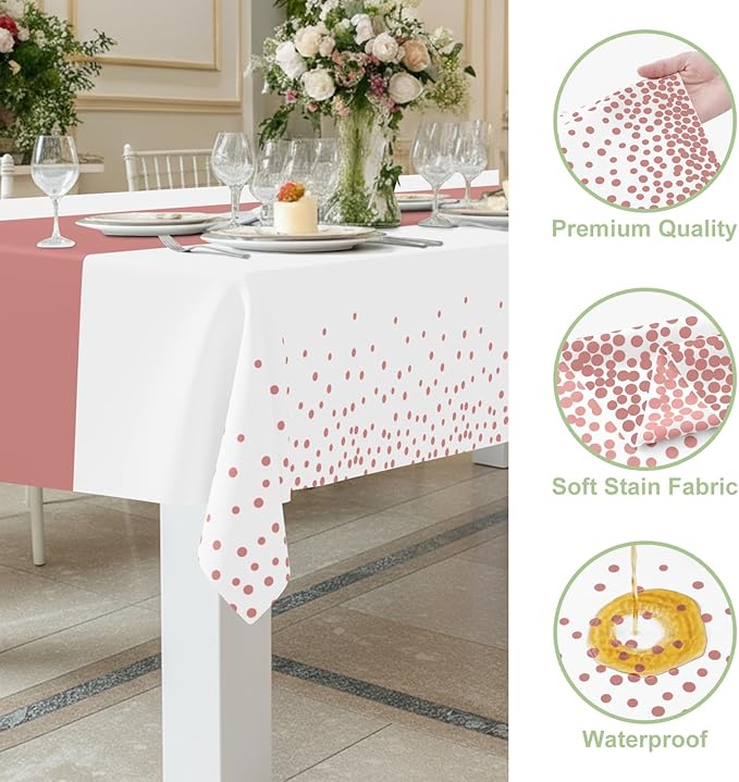 Smiry Plastic Table Cloth Disposable 8 Pack, 54 x 108 Inch Rectangle Waterproof Tablecloth, Printed Gold Table Runner Style for Birthday Weeding, Party, Leakproof & Sturdy, Rose Gold and White