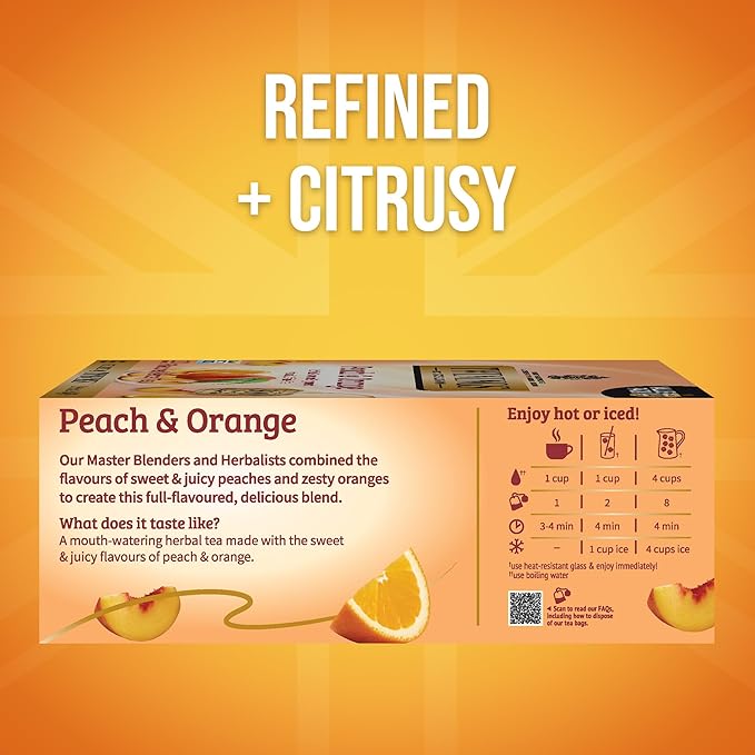 Twinings Peach & Orange Herbal Tea Individually Wrapped Bags, 100 Count (Pack of 1), Juicy & Fruity, Naturally Caffeine-Free, Enjoy Hot or Iced, 100 Teabags