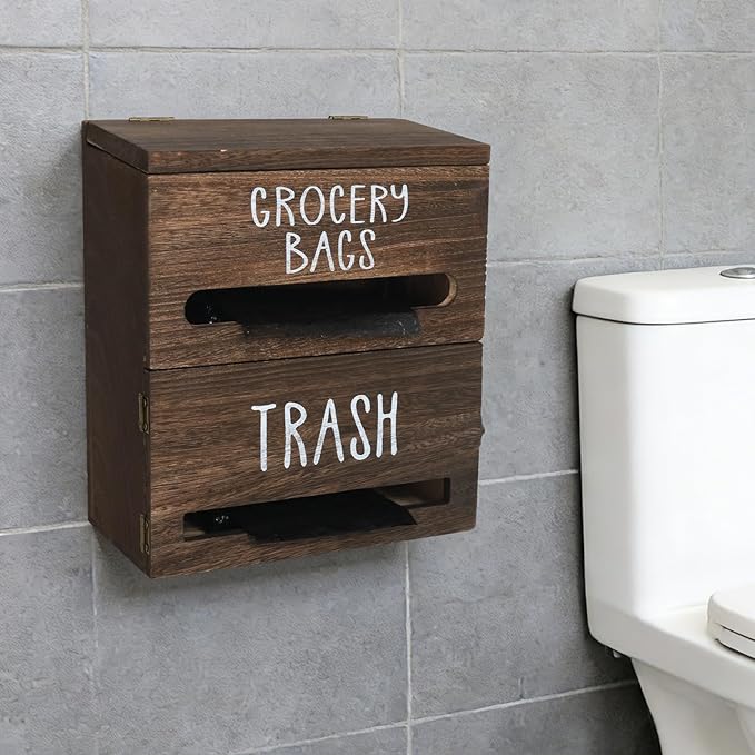 2 in 1 Trash Bag Dispenser, Double Wall Mounted,Wood Trash Bag Holder, used in kitchen, garage, laundry room, can store Environmentally friendly food bags and garbage bags(Dark Wood