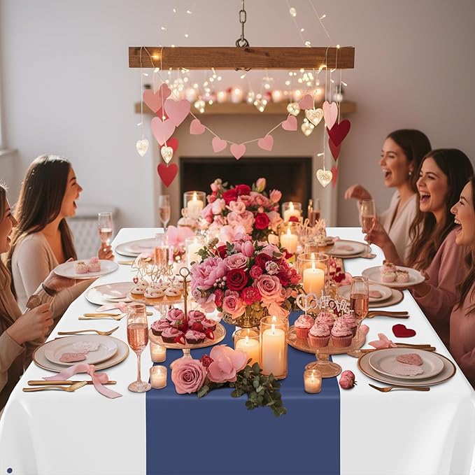 Smiry Plastic Table Cloth Disposable 8 Pack, 54 x 108 Inch Rectangle Waterproof Tablecloth, Printed Gold Table Runner Style for Birthday Weeding, Party Decorations, Leakproof & Sturdy, White and Navy