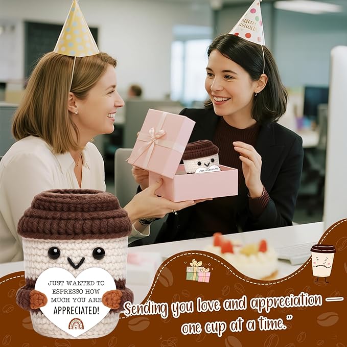 OCCdesign Mini Appreciation Gift for Women Men Coworkers Teachers Boss Nurses Handmade Crochet Coffee Cup Thank You Gift for Friends Roommates Staff Employees Volunteers Birthday Office Desk Decor