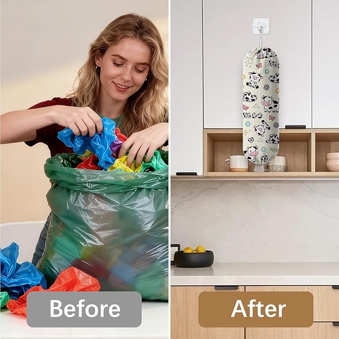 Cow Plastic Bag Holder Dispenser, Plastic Grocery Bag Organizer & Wall Mount Paper Trash Bags Saver Storage for Kitchen Home Pantry Decor, Cute Cow Shopping Bags Storage Dispenser
