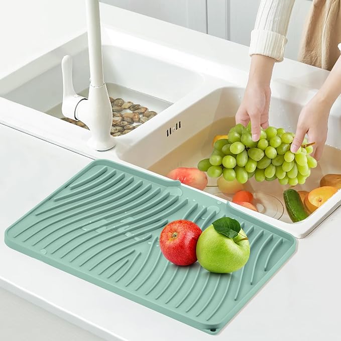 Silicone Dish Drying Mat for Kitchen Counter, Dish Drying Pad, Non-Slip Drain Pad with Built-in Drain, Heat Resistant Stone Drying Mat(16" x 12", Mint)