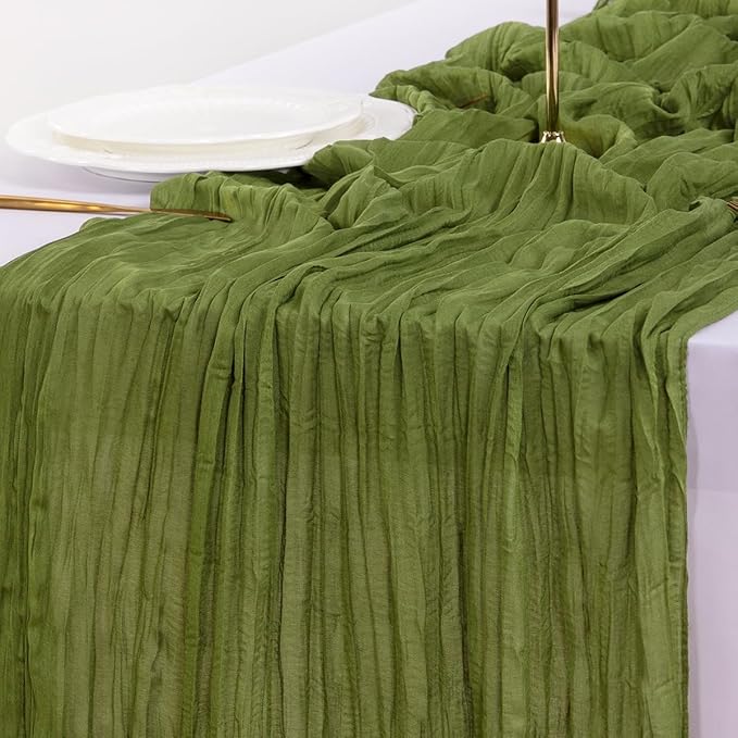 Socomi 6pcs Campsite Green Summer Cheesecloth Table Runner Boho Rustic Gauze 120 inch 10FT Cheese Cloth Sheer Runner for Wedding Party Baby Shower Birthday Home Decor Holiday Decorations