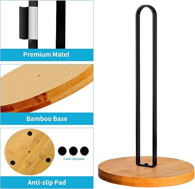 TONLEA Wooden Paper Towel Holder Countertop, Kitchen-Towel-Holder FreeStanding with Non-Slip Base for Bathroom Black-2PCS