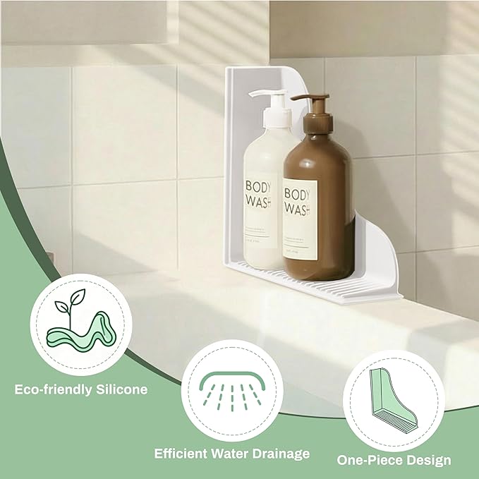 No-Adhesive 2-Pack All-Silicone Shower Splash Guard with Strong Suction Cups, Reusable Bath Tub Corner Water Blocker for Secure Seal&Easy Removal，Keep Water in Shower or Bath, One-Piece Design, White