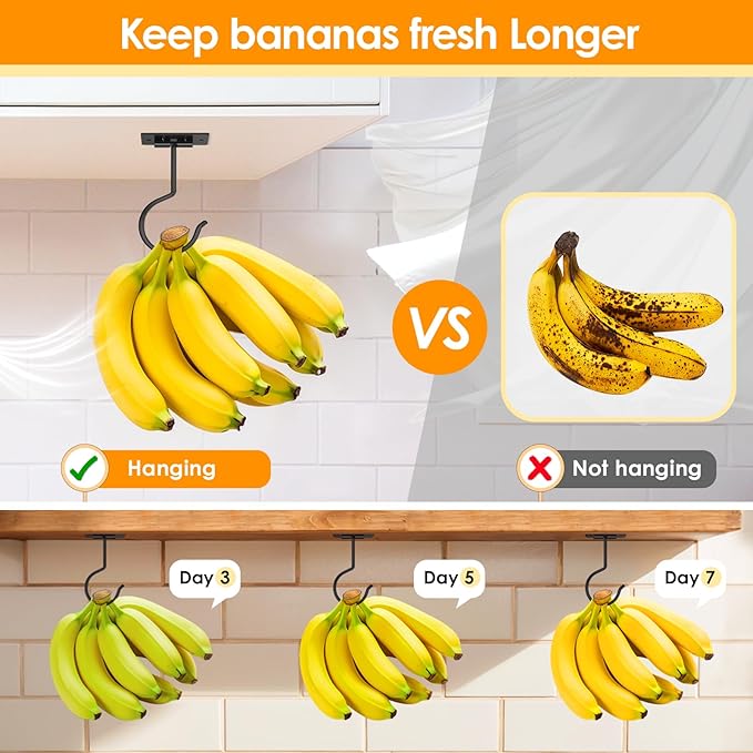 Self Adhesive Banana Hook Under Cabinet Foldable Banana Hanger Black Metal Under Counter Banana Hook to Keep Bananas Fresh Banana Holder for Kitchen RV Space Saving