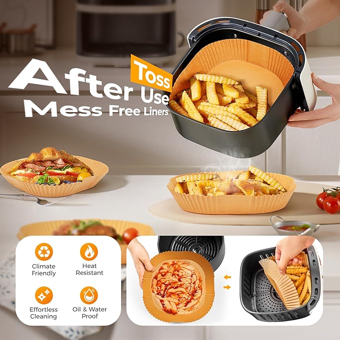 Air Fryer Paper Liners, 205 PCS Non-Stick Disposable Air Fryer Liners, 8-Inch Square Parchment Paper for 5-8 QT Basket, Water-Proof & Oil-Proof Airfryer Liners for Baking, Roasting, Microwave, Oven