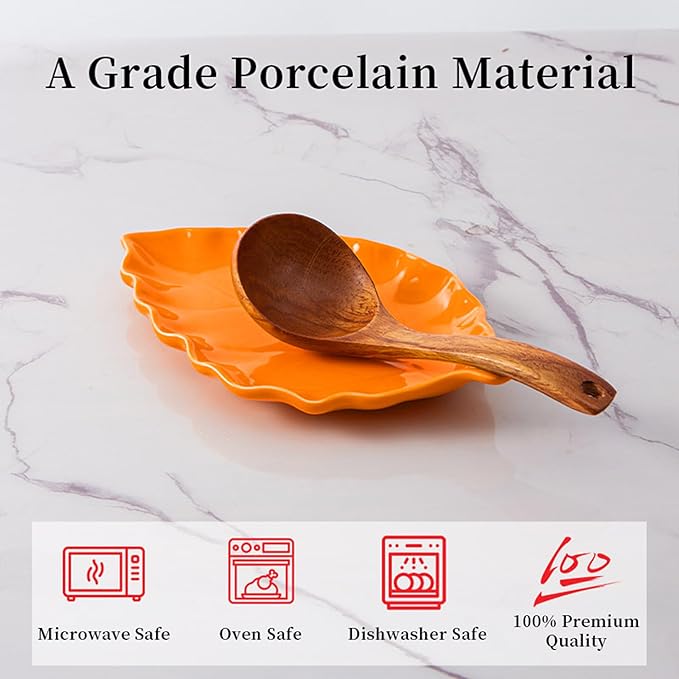 Ceramic Leaf Shape Spoon Rest for cooking, Cute Cooking Spoon Holder for Stove Top,Large Porcelain Spatula Rest for Kitchen Counter, Farmhouse Christmas Kitchen Decor (orange)