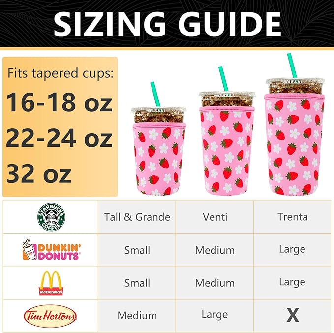YR Reusable Neoprene Insulator Sleeve for Iced Coffee Cups, 3 Pack Coffee Coolies sleeves for Iced & Hot Drinks, Cold Beverage Cooler Compatible with Starbucks Coffee and More (Strawberry)