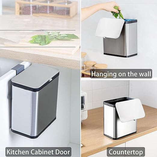 SIDIANBAN Hanging Trash Can with Lid for Kitchen Cabinet Door, 0.8 Gal/3L Stainless Steel Garbage Can Kitchen Compost Bin for Countertop or Under Sink