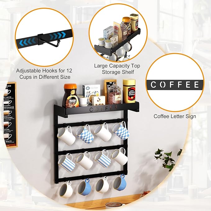 Coffee Mug Holder Wall Mounted with 12 Movable Hooks, Metal Coffee Cup Holder with Top Shelf, Mug Rack Wall Mount for Home Kitchen Display and Collection