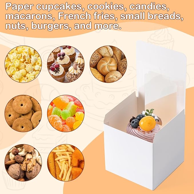 Hoewina 28PCS Cupcake Boxes, Individual Cupcake Containers with Window, Food Grade Cupcake Holders Carrier with Inserts, Stackable Deep Cake Box for Birthday Holiday Party Bakery Supplies (White)