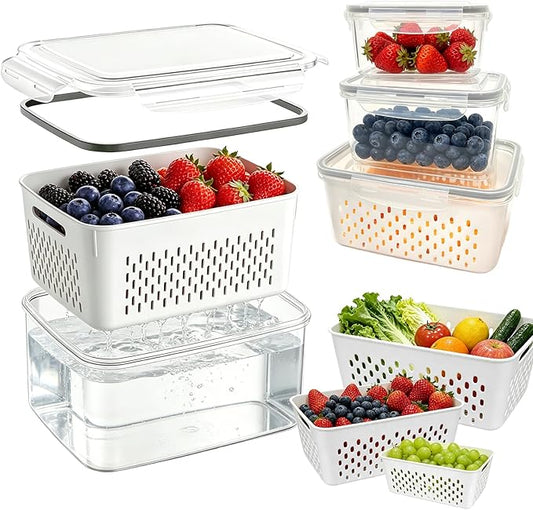 3 Pack Fruit Storage Containers for Fridge with Removable Colander, Airtight Produce Storage Containers for Fridge, 4-in-1 Fruit and Vegetable Storage, Berry Keeper, Stackable Veggie Containers