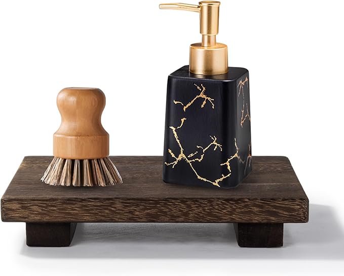 Small Wood Tray Pedestal Stand Farmhouse Bathroom Decor Decorative Wooden Riser Kitchen Soap Dish Holder for Vanity, Counter, Sink, 9" x 6"