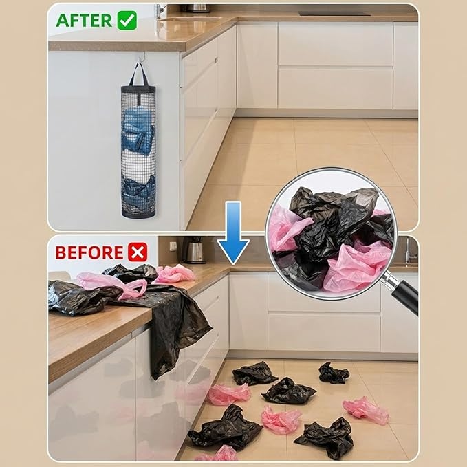 Thinp 3 Pcs Plastic Bag Holder, Grocery Bag Organizer Hanging Storage Dispensers Mesh Bags Dispenser Organizer Breathable Shopping Bags Storage for Home Kitchen Pantry (Black)