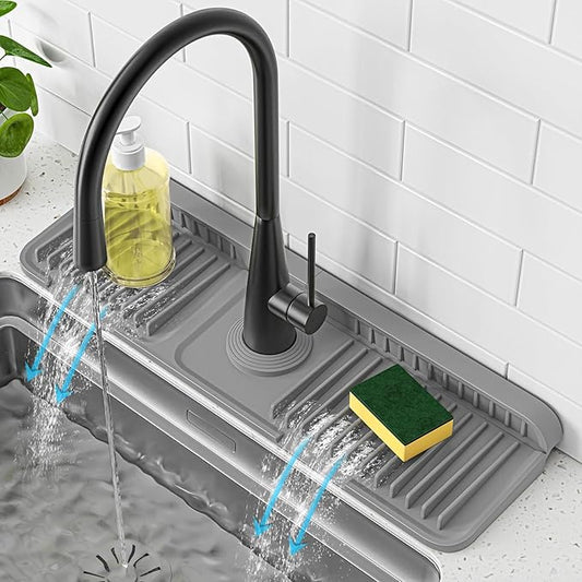 PoYang 17.7 inch Faucet Mat for Kitchen Sink Splash Guard, 7° Slope Silicone Sink Water Splash Guard for Kitchen Sink Area with Snap Button, Long Sink Protectors for kitchen Sink Sponge Holder, Grey