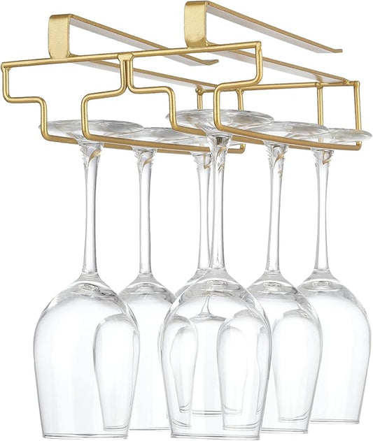 Wine Glass Rack Under Cabinet, Drilling Free No Screw Steamware Holder Under Shelf Metal Wine Glasses Holders 304 Stainless Steel Hanger Storage Organizer Hanging Glass Fit for Bar Kitchen 2 Rows Gold