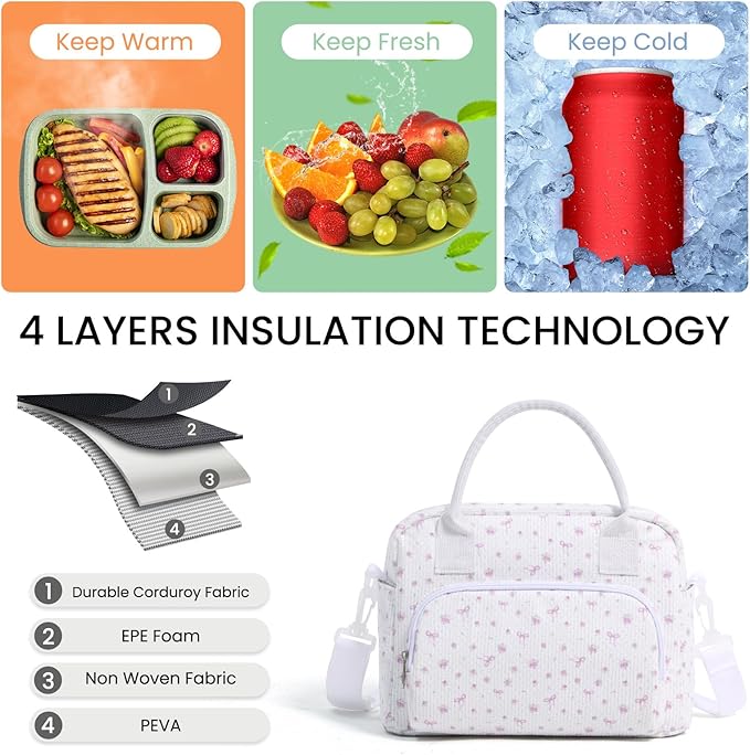 MAMONA Lunch Bag for Women Men Large Capacity Reusable Lunch Box Corduroy Insulated Cooler Tote Bags for Office Picnic