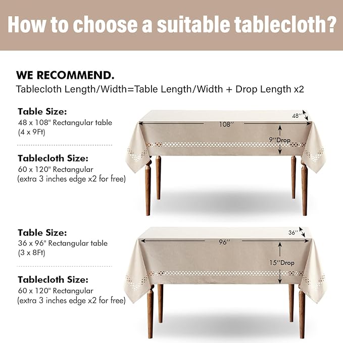 MIULEE Beige Rectangle Linen Polyester Tablecloth with Decorative Cutouts Spring Waterproof Stain Resistant & Shrink-Proof Table Cloth 60x120 inch Farmhouse Style for Dining Wedding and Outdoor