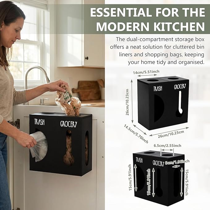 2 in 1 Trash Bag Dispenser, Double Wall Mounted,Wood Trash Bag Holder, used in kitchen, garage, laundry room, can store Environmentally friendly food bags and garbage bags(Black/Large)