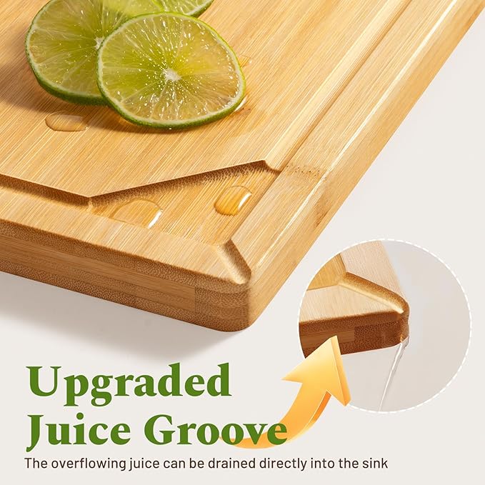 Kikcoin 3+1 Piece Self-Draining Bamboo Cutting Boards, Wooden Cutting Boards for Charcuterie, Vegetables, Cheese, Bread, Extra Large Chopping Boards with Deep Juice Groove and Handle, Natural