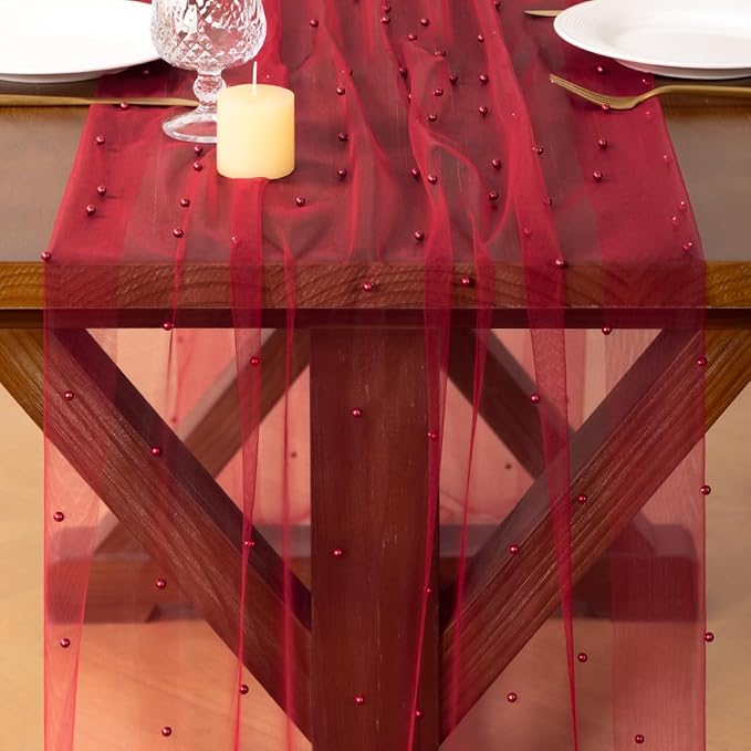 Socomi Pearl Table Runner Tulle Summer Cheesecloth 10FT Gauze Cheese Cloth Sheer Chiffon Wedding Birthday Party Baby Shower Bridal Anniversary Holiday Centerpiece Table Decor 3pcs Red