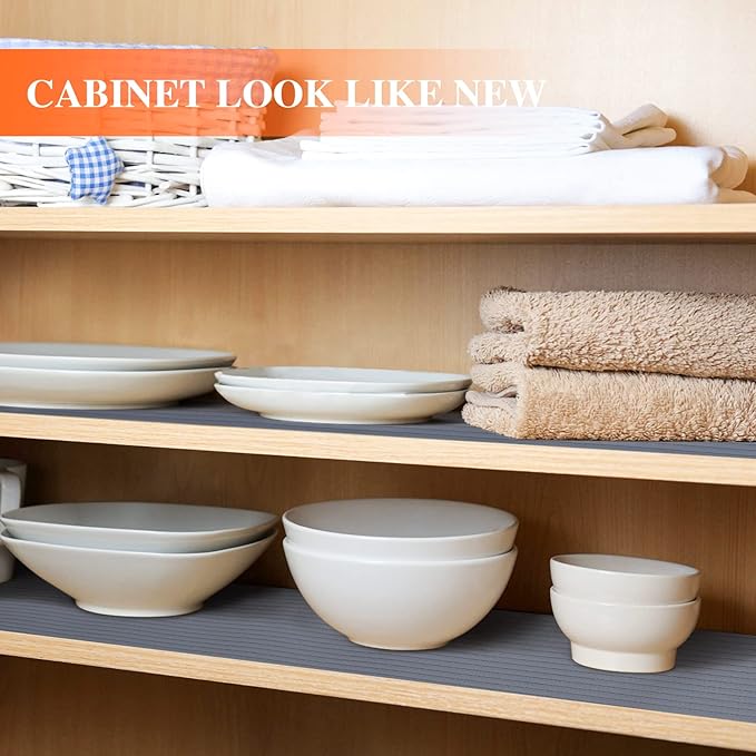 Shelf Liner Non Adhesive, Washable Cabinet Liners for Shelves, Waterproof Durable Non-Slip Drawer Liners for Kitchen Cabinets, Cupboard, Pantry, Gray 14" X 20'
