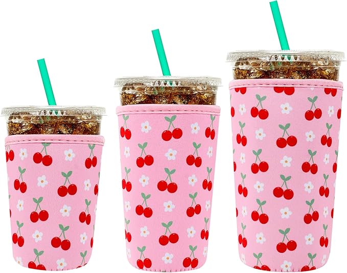 YR Reusable Neoprene Insulator Sleeve for Iced Coffee Cups, 3 Pack Coffee Coolies sleeves for Iced & Hot Drinks, Cold Beverage Cooler Compatible with Starbucks Coffee and More (Cute Cherry)