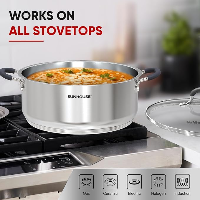 SUNHOUSE Stainless Steel Steamer Pot for Cooking - 6.3 QT Steaming Pot with Glass Lid & Steamer Basket - 2 Tier Tri-ply Vegetable Steamer with Stay-Cool Silicone Handles - Induction Compatible