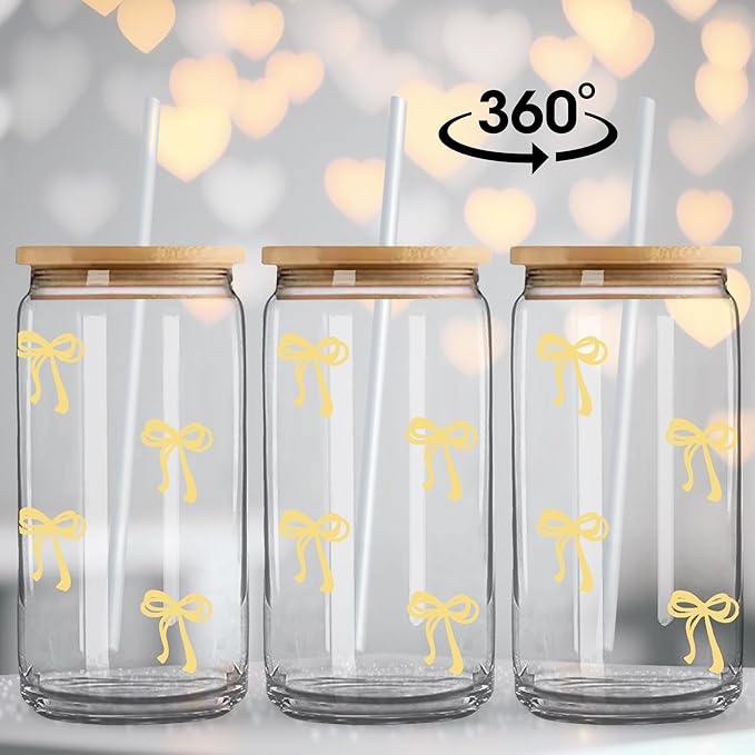 Coquette Cute Pastel Yellow Bow Summer Glass Cups with Lids and Straws, Aesthetic Iced Coffee Cup Girly Preppy Tumbler Mug, Christmas Valentines Birthday Gifts for Women, Teen Girl Gifts Trendy Stuff