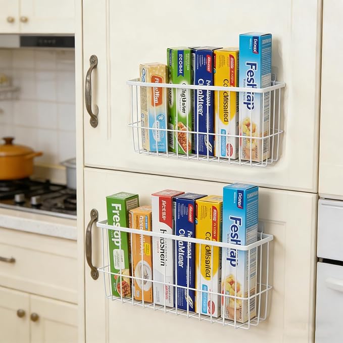 2 Pack Aluminum Foil and Plastic Wrap Organizer,Wall Mounted Cabinet Door Organizer,Kitchen Pantry Organizers and Storage,Wrapping Paper Shelf for Sandwich, Freezer, Ziplock Bag, White