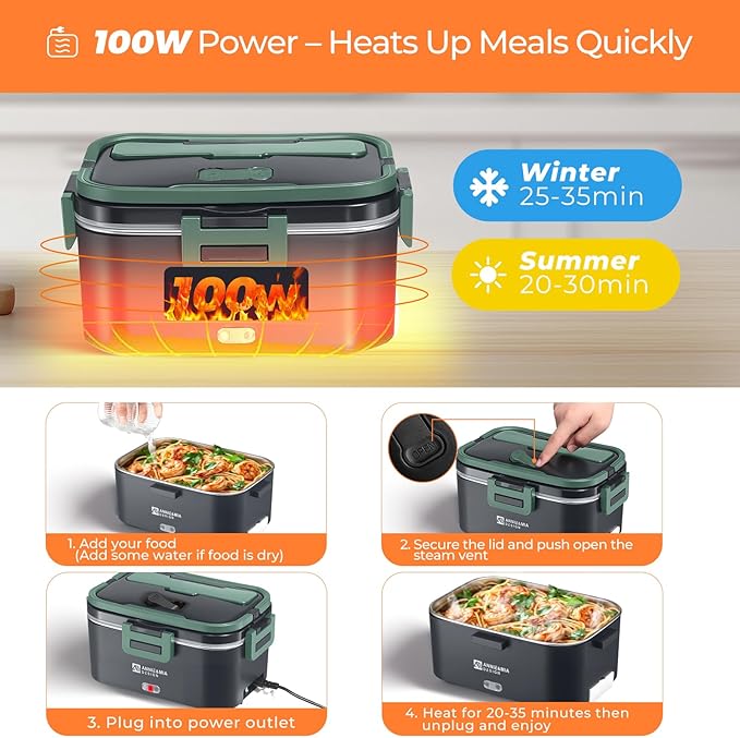 Annie & Mia Design Electric Lunch Box for Adults, 100w 1.8L Portable Food Warmer for men Heated Lunch Box for Adults, Home/Car/Office/Truck Use, Lonchera Eléctrica Portátil Green