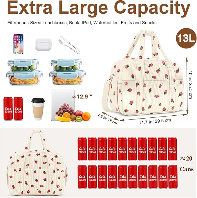 KUBYA Corduroy Lunch Box Lunch Bag for Women Adults Men, Cute Strawberry Insulated Work Reusable Leakproof Simple Large Lunch Boxes Tote Bag Adults Cooler Bag, with Shoulder Strap