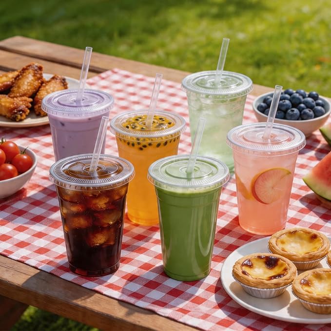 100 Pack 24 oz Plastic Cups with Lids and Straws, Clear Disposable Plastic Cups, Heavy Duty Iced Coffee Cups with Leak-Resistant Lids, Cold Drink Cups for Smoothies, Juice, Soda & Party To Go