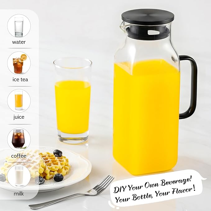 2 Quart (2 Liter 68 oz) Square Glass Pitcher with Lid and Spout, Water Pitchers with Handle for Fridge, Borosilicate Glass Carafe for Hot/Cold Drink, Large Jug for Iced Tea, Coffee, Beverage, Black
