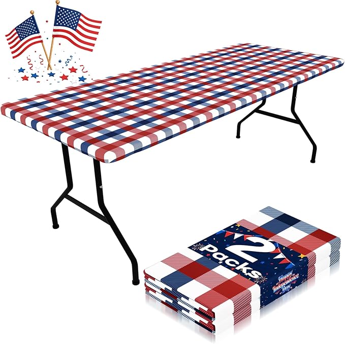 Smiry Picnic Table Cloth 2 Pack, Waterproof Elastic Fitted Tablecloths for 8FT Rectangle Tables, Washable Polyester Buffalo Plaid Tablecloth for Camping & Outdoor (Red & Blue, 30" x 96")
