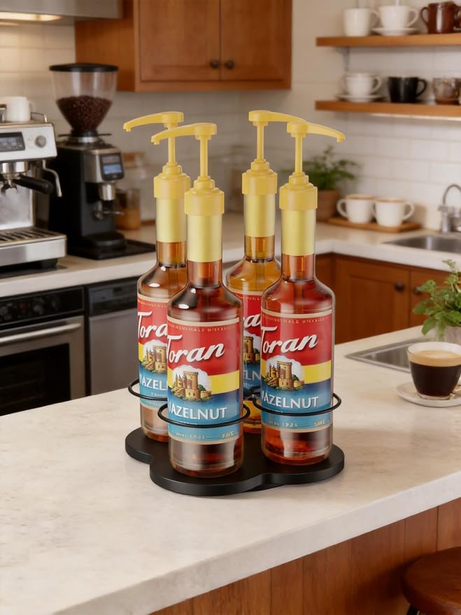 THYGIFTREE Rotating Coffee Syrup Organizer 4 Bottles Syrup Rack Dispenser16.9oz for Countertop Wood Bottle Holder Stand for Coffee Bar Station, Black