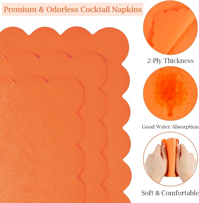 100 Pcs Cocktail Napkins, 2-Ply 5 x 5 Inches Disposable Scalloped Napkins, Thick Premium Dessert Napkins for Party, Wedding, Dinner, Birthday, Anniversary, Festival (Orange)