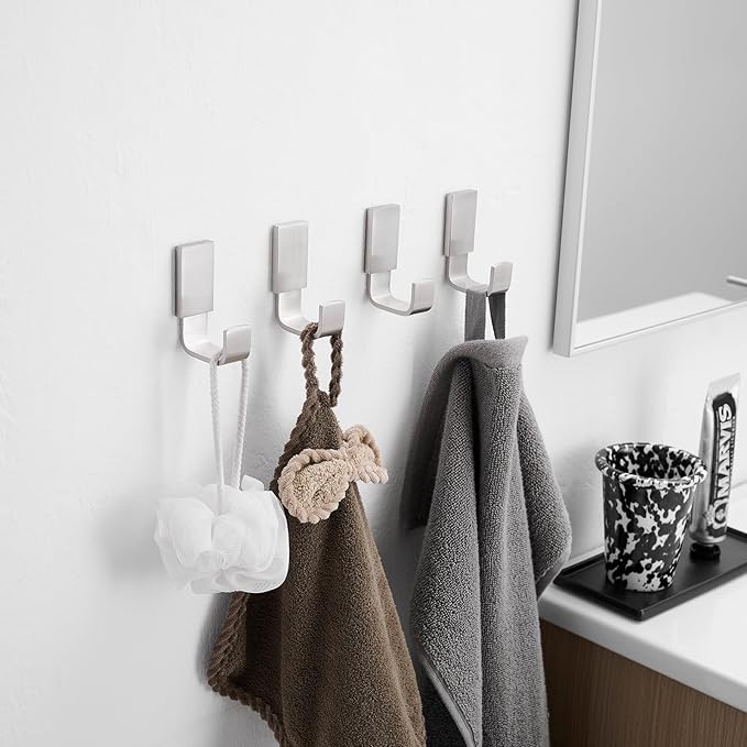 BESy Brass Clothes Hook Single Towel Hook for Bathroom Kitchen Garage Square Style Robe Hooks Coat Hooks Hat Hook, Wall Mounted with Screws, Four Packs, Brushed Nickel
