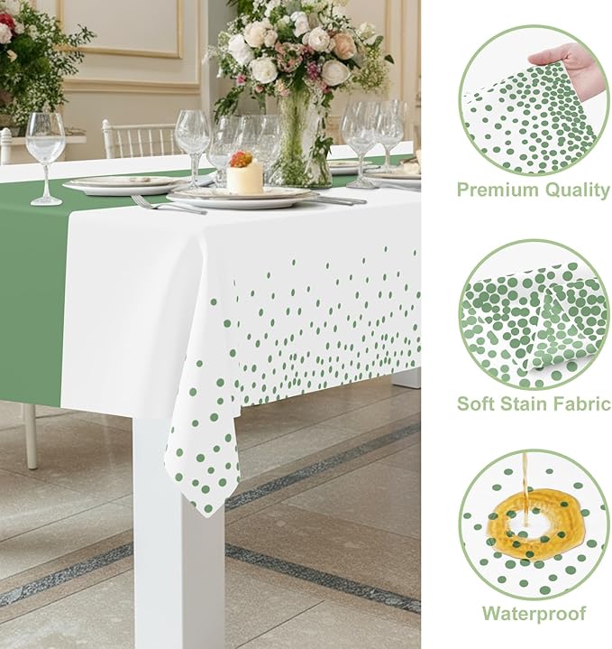Smiry Plastic Table Cloth Disposable 3 Pack, 54 x 108 Inch Rectangle Waterproof Tablecloth, Printed Gold Table Runner Style for Easter, Birthday, Weeding, Leakproof & Sturdy, White and Sage Green
