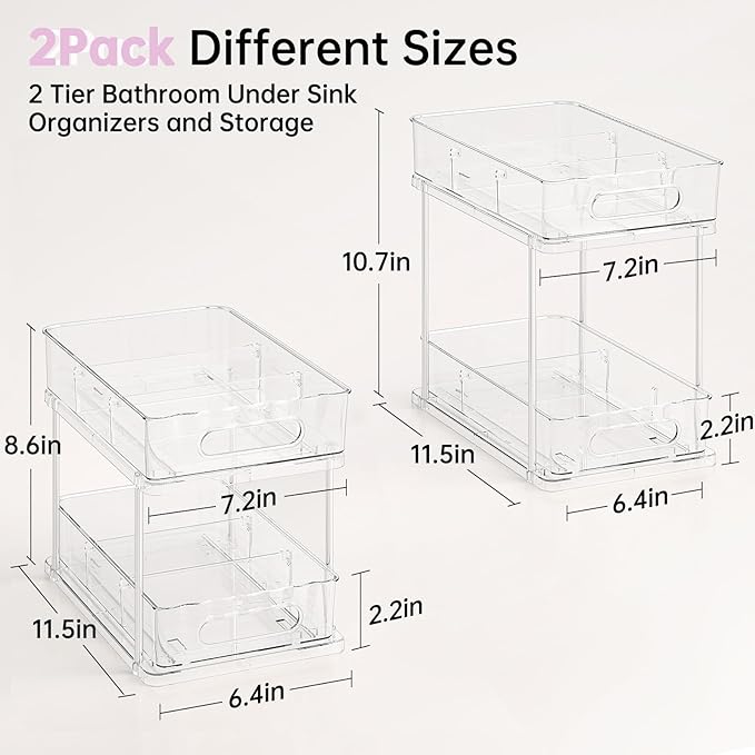 Delamu Under the Sink Organizer, 2-Tier Snap-Lock Cabinet Drawers with Removable Adjustable Shelf, Under Sink Cabinet Organizer for Bathroom, Kitchen, Vanity & Every Household