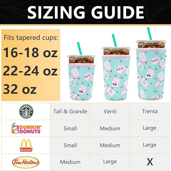 YR Reusable Neoprene Insulator Sleeve for Iced Coffee Cups, 3 Pack Coffee Coolies sleeves for Iced & Hot Drinks, Cold Beverage Cooler Compatible with Starbucks Coffee and More (Cute Mahjong)